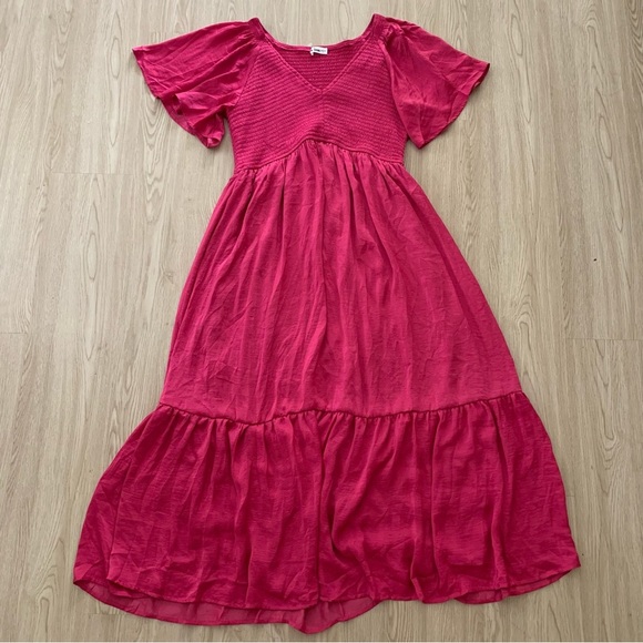 PinkBlush satin Barbie hot pink smocked flutter sleeve midi dress nwot - Picture 4 of 5